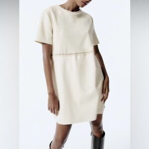 NWT ZARA Faux Suede Leather Combination Mini Dress Cream Sz S